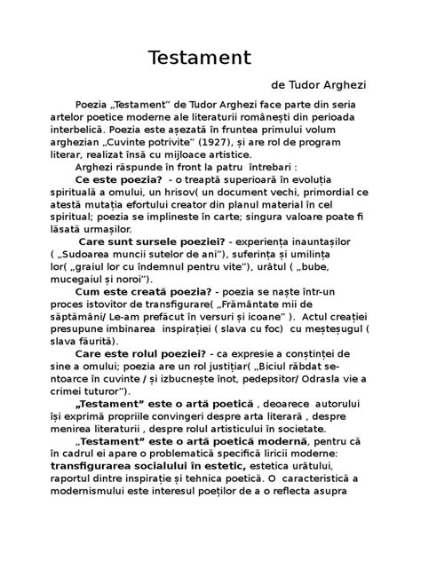 testamentul de tudor arghezi eseu